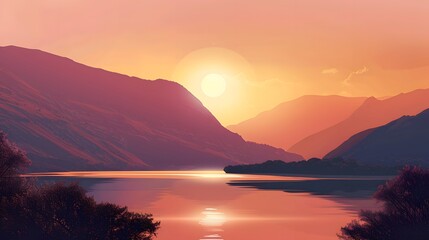 Fototapeta premium Sunset over a Mountain Lake with Silhouetted Trees