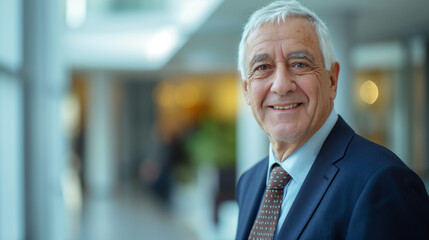 Naklejka premium Confident Elderly Man Smiling While Dressed in Suit in Modern Office Environment