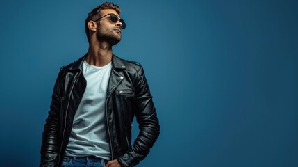 Fototapeta premium a man wearing a black jacket and white t-shirt, and wearing sunglasses