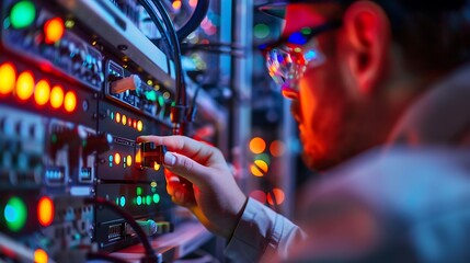 Technician Working on Server Rack in a Data Center