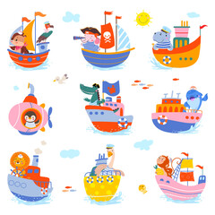 Obraz premium Animal sailors. Funny cartoon animal on boat ship yacht submarine. Ocean adventures, lion penguin goose elephant and monkey, nowaday vector set