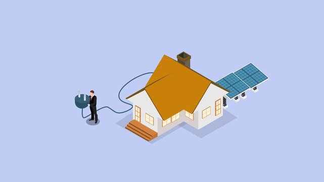 Man holds wire, using solar panel as an alternative methods of obtaining electricity 3d animation cartoon