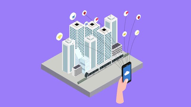 Hand holding a mobile phone with smart city concept 3d animation cartoon
