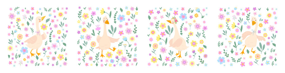 Floral goose print. Adorable geese in botanical patterns. Spring summer season printable design with tiny flowers and branches. Nowaday vector background