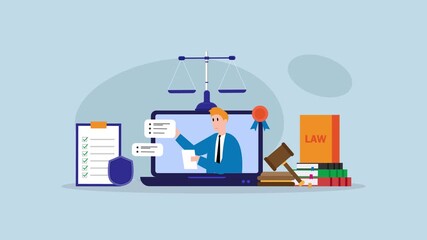 Lawyer website on laptop screen cartoon animation