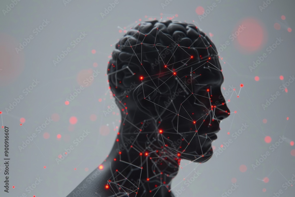 Poster digital profile of a man with glowing neural connections symbolizing thought processes and creativit