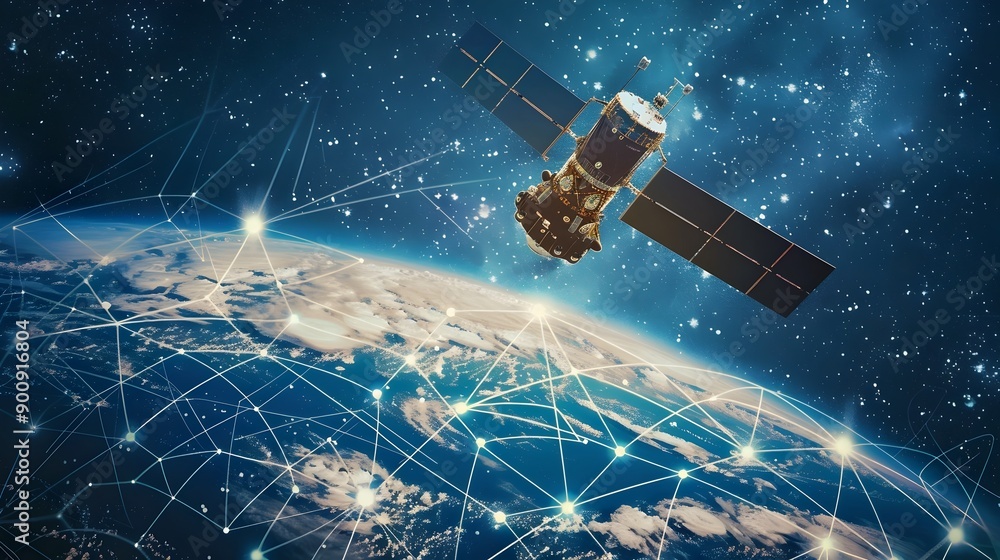 Poster satellite communication in the digital age overlaid satellite orbiting with digital signals and netw