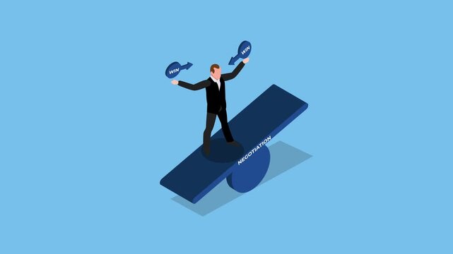 Businessman holds a balance on a swing with the inscription negotiations 3d animation cartoon