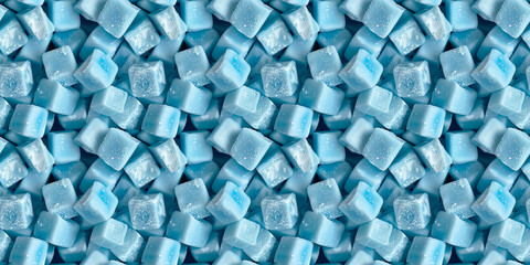 a cute and dreamy, soft and pastel hue, aesthetic pattern of close-up of cube shaped light blue chocolate truffles, each piece showcasing its smooth texture and powdery coating