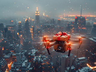 A drone is carrying gifts for Christmas. AI generated. 