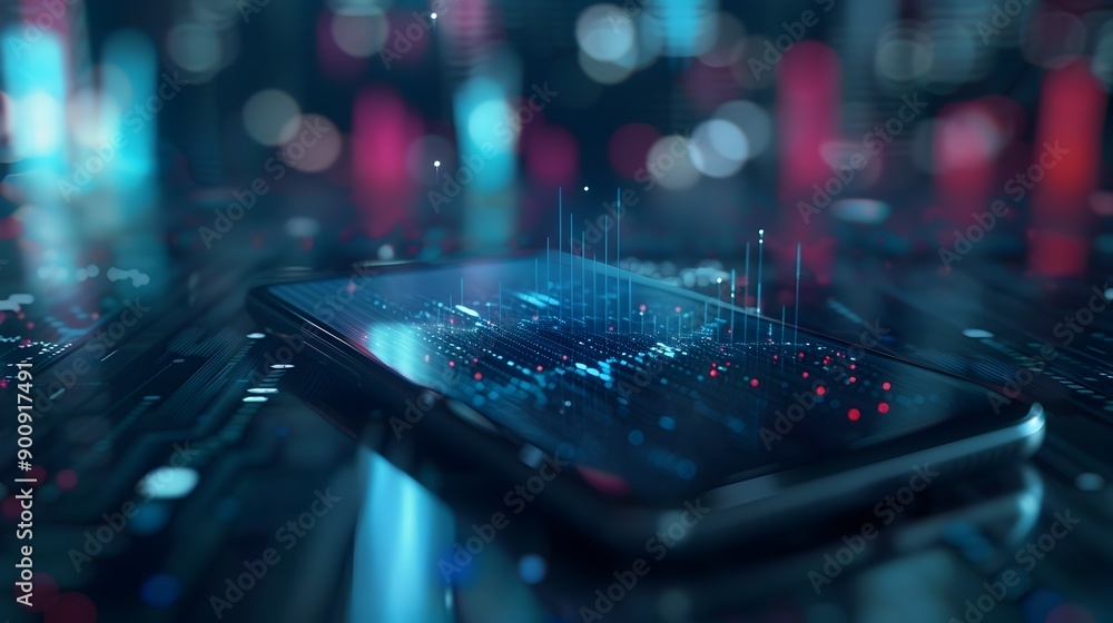 Poster smartphone screen with floating digital data and analytics visualizations