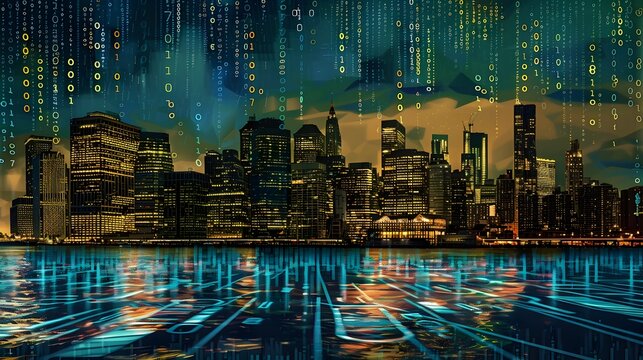 Smart City Skyline with Flowing Data Streams