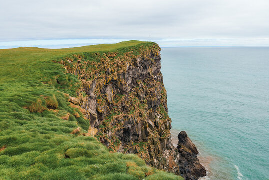A stunning cliffside in Iceland featuring rugged rocks and vibrant green grass. The serene scene includes a calm blue ocean and a few birds in the sky.