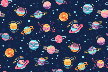 Fantasy planets seamless pattern. Abstract cartoon planets boundless background. Fantastic galaxy endless cosmos design paper print, fabric textile, repeat wrapper space backdrop template astronomical