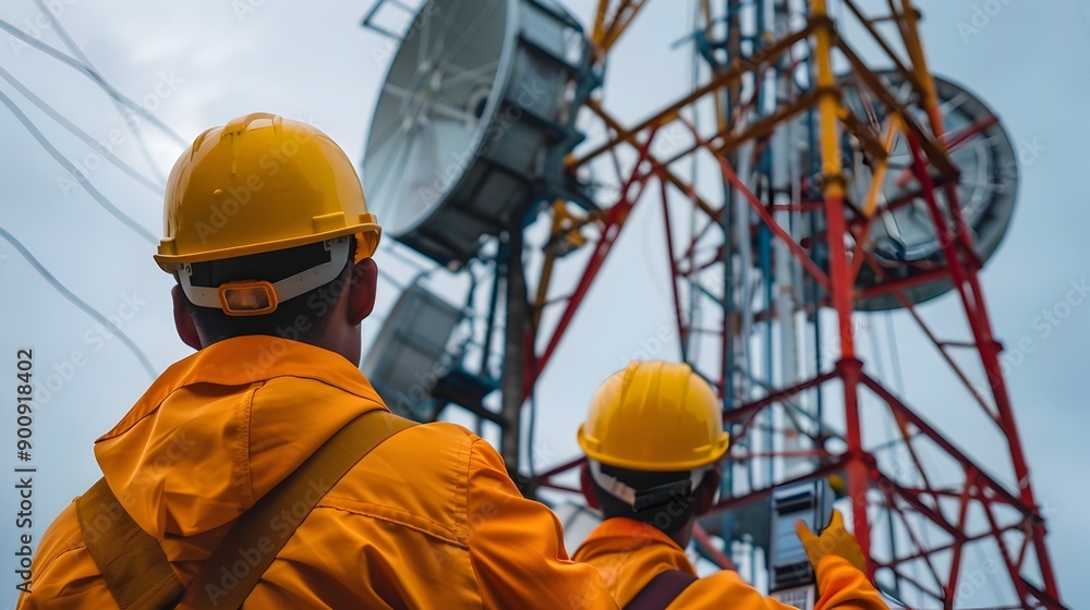 Poster telecommunications engineers constructing and maintaining digital connectivity infrastructure