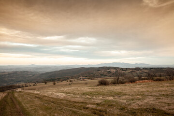 Panorama of the top and summit of Vrh Rajac moutain at dusk in autumn. Rajac is a mountain of Sumadija in Serbia, part of the dinaric alps, a major serbian natural touristic destination.