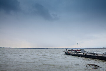 Ferry boat operating between Ram and Banatska Palanka on the Danube River in Serbia during a rainy...