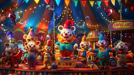 Fototapeta premium Vibrant Circus Performers Entertain Audiences in Colorful Tent