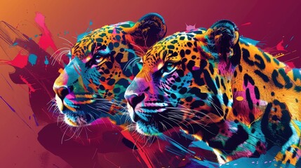 Colorful Abstract Leopard Duo with Vibrant Splashes of Paint