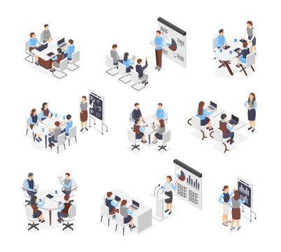 Isometric business meeting. Office managers work processes. Team leader presentation, speakers and corporate trainings. Start up flawless vector scenes