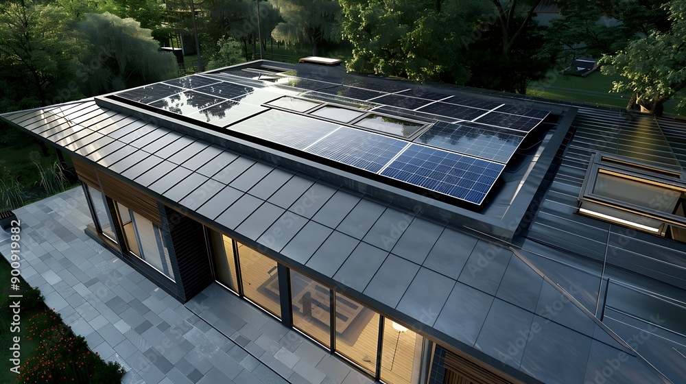 Poster solar panels on the roof of the modern house3d rendering : generative ai