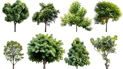 Fototapeta premium Different green trees and plants on white background : Generative AI