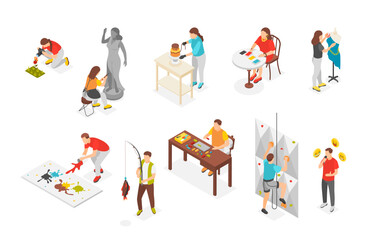Isometric hobby. People sewing planting painting fishing baking. Young men women, artists photographer and fashion designer, flawless vector set
