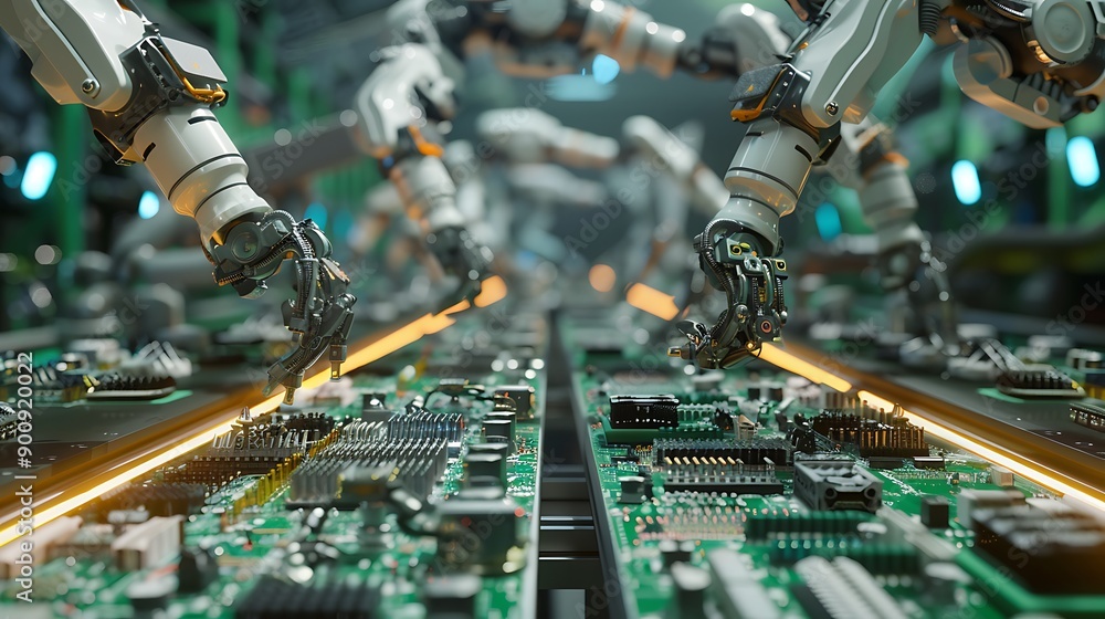 Poster robotic arms assembling circuit boards in a factory