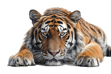 Naklejka premium Majestic Tiger Lying Gracefully on White Background Captured in Stunning Detail