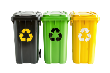 Three Colorful Waste Bins for Recycling Materials in a Municipal Area