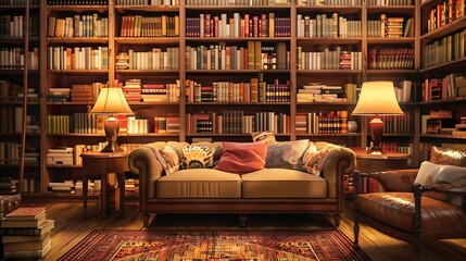 Cozy home library interior with comfortable furniture and collection of different books on shelves : Generative AI