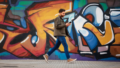 Obraz premium Male walking, looking at his cell phone colorful background