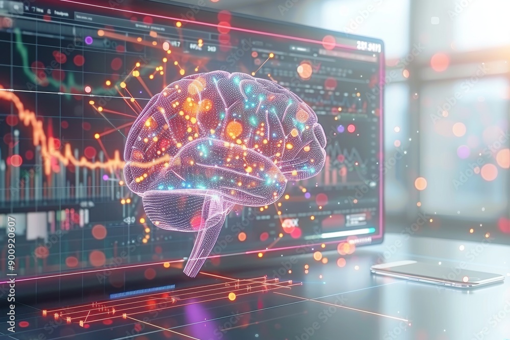 Poster digital rendering of a brain with financial charts symbolizing technology and finance in a modern of