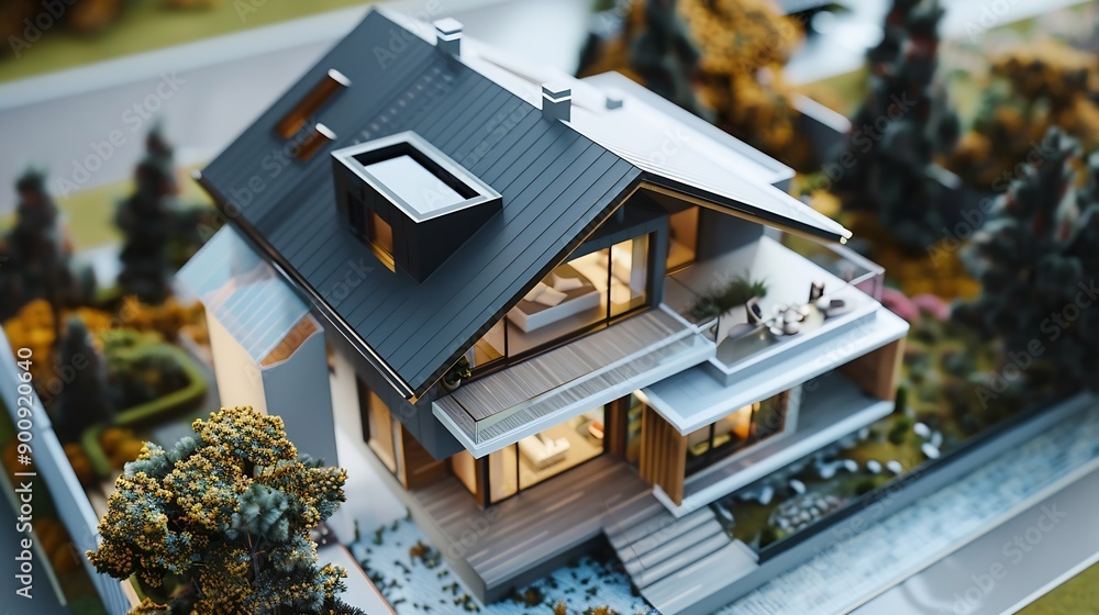 Fototapete Volumetric project of house Layout of a house with an open roof Miniature layout of a cottage top view Building model as a symbol of architectural business Design in architectural bure : Generative AI