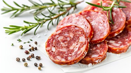 Slices of tasty boiled sausage on white background : Generative AI