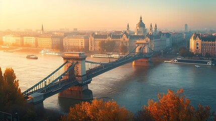 Obraz premium Chain Bridge Over the Danube at Sunrise
