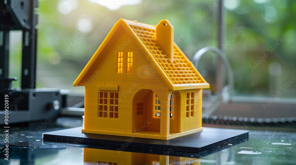Poster 3d printer printing yellow small house with engineer constructor in background at pc model : generat