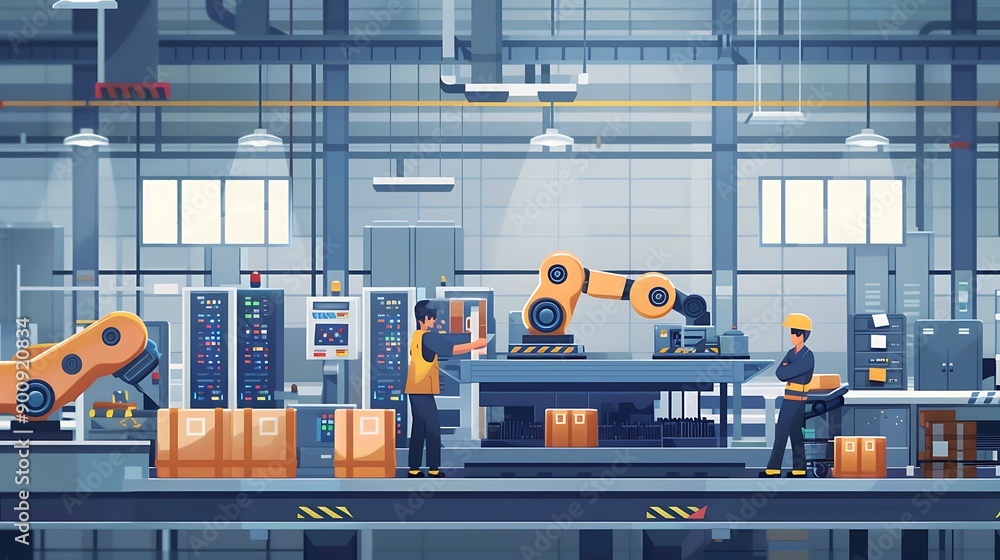 Poster industrial automation: workers and robots collaborate in a factory setting