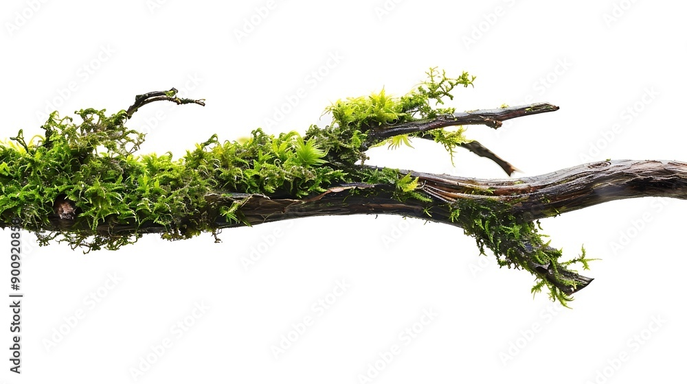 Poster fresh green moss on wet rotten branch and stone isolated on white side view : generative ai