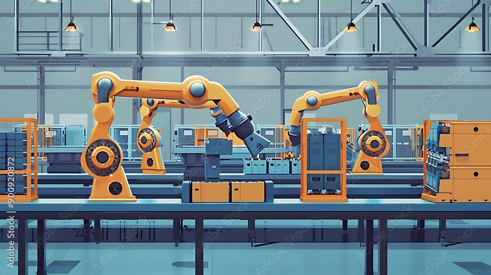 Poster assembly line with robotic arms in a modern factory