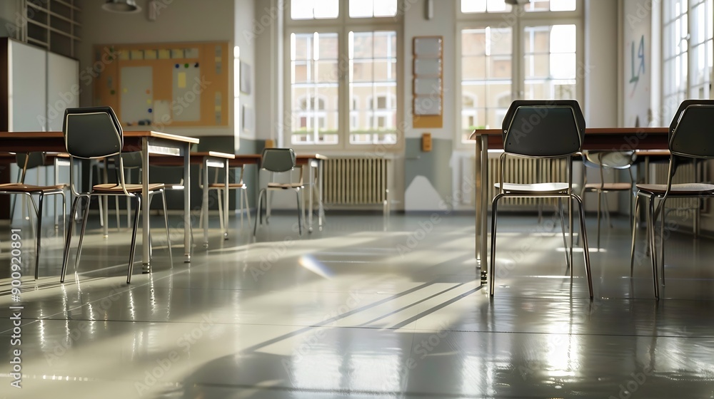 Poster empty classroom with chairs and tables in a school hall : generative ai