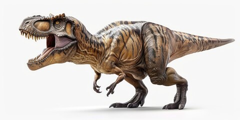 Obraz premium A plastic toy Tyrannosaurus Rex dinosaur with its mouth open, suitable for use in children's playsets or educational materials