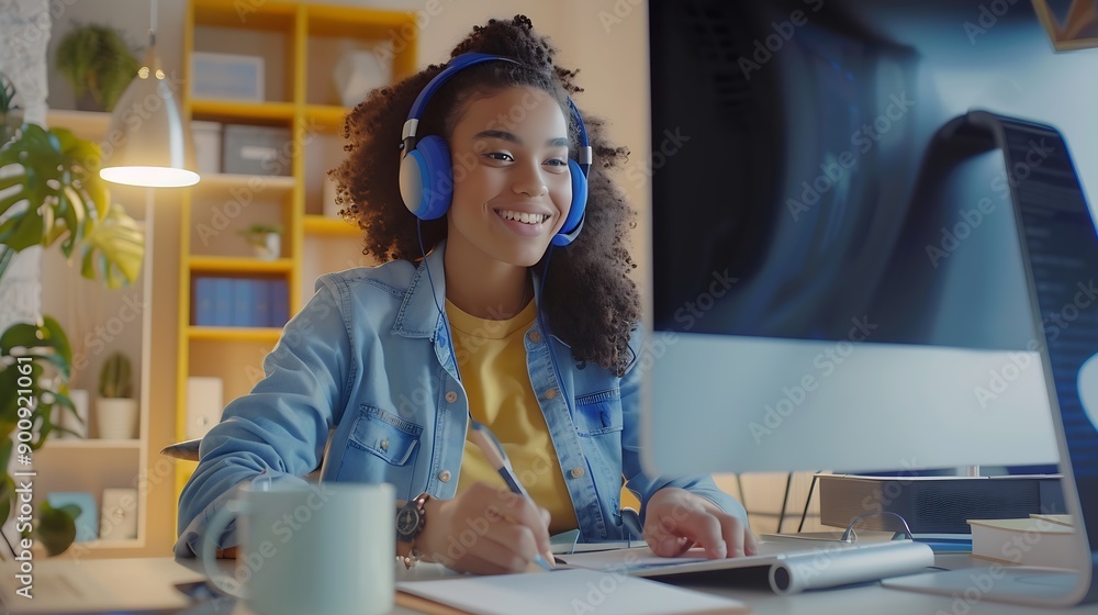 Aufkleber smiling multiracial millennial female student in headphones sitting at the desk watching webinar and