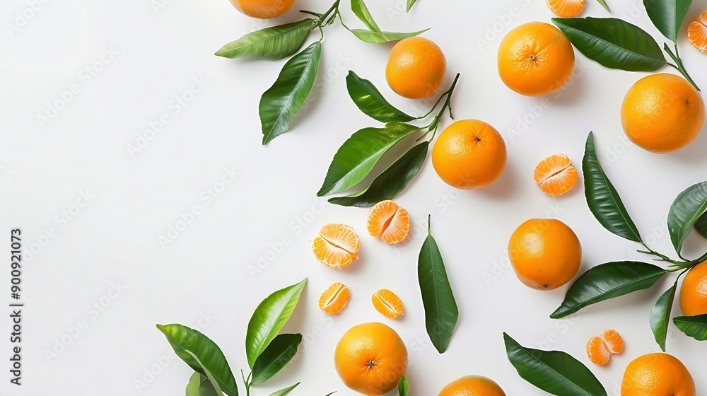 Poster Fresh orange fruits with branch and leaves isolate on white background Clipping path : Generative AI