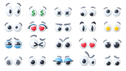 3d plastic googly eyes. Comic eye different emotions. Expression eyeballs for puppets, romantic happiness angry sad look. Realistic pithy vector collection