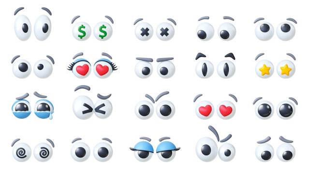 3d plastic googly eyes. Comic eye different emotions. Expression eyeballs for puppets, romantic happiness angry sad look. Realistic pithy vector collection