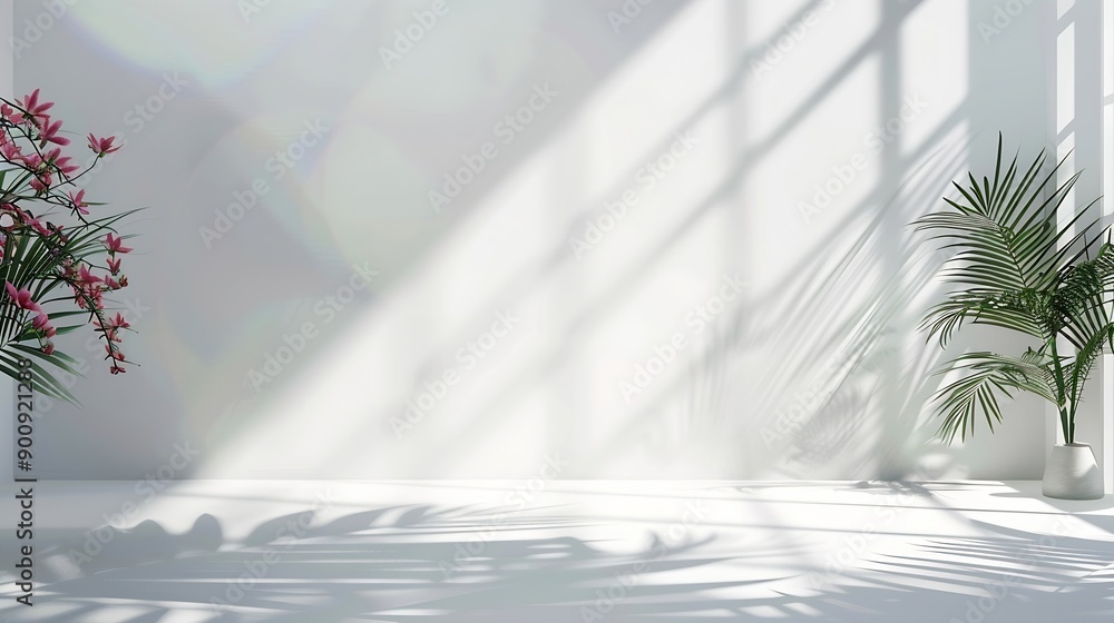 Poster Abstract white studio background for product presentation Empty room with shadows of window and flowers and palm leaves  3d room with copy space Summer concert Blurred backdrop : Generative AI