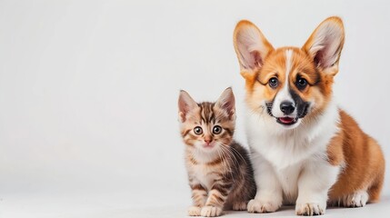 Cute  Welsh corgi puppy and a red kitten sit together on a white background isolated on a white background : Generative AI