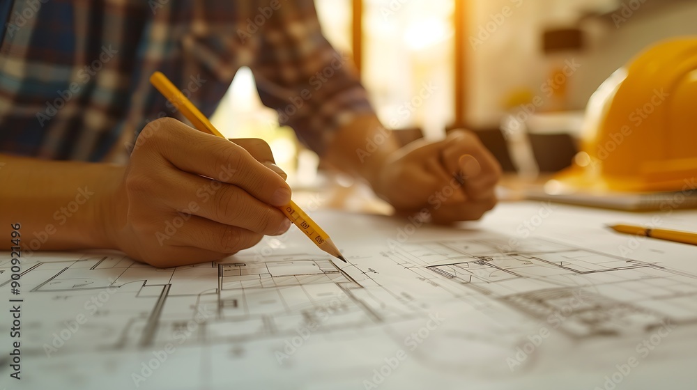 Poster A closeup an architect a house designer holding a pencil pointing to a house plan to examine the design plan before discussing the details with the client Interior design and decoratio : Generative AI