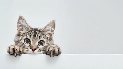 Grey tabby Ragdoll cat peeking with paws isolated on white studio background copy space looking left close up : Generative AI